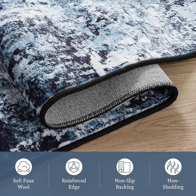 Rugflix 5x7 Area Rugs for Living Room, Washable Large Rug Stain-Resistant Low Pile, Modern Dark Carpet for Dining Room Home Office Kid Room Nursery Bedroom, Navy Blue/Black