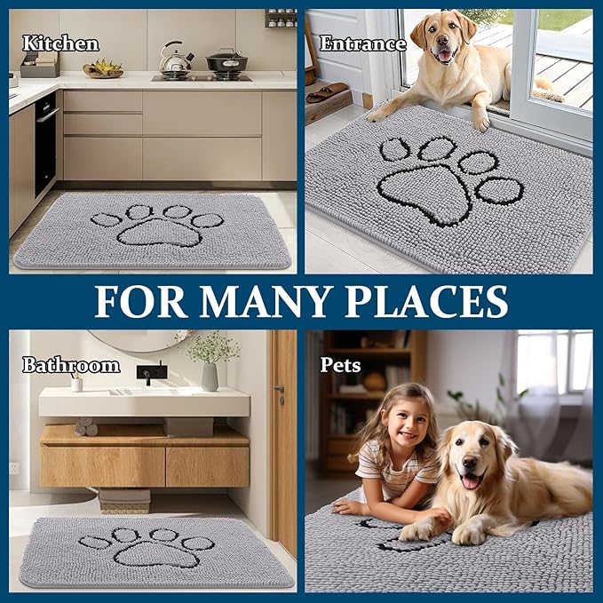 OLANLY Dog Door Mat for Muddy Paws 36x24, Paw Print Design, Absorbs Moisture and Dirt, Non-Slip Washable Doormat, Quick Dry Chenille Mud Mat for Dogs, Entry Indoor Entryway Carpet, Light Grey