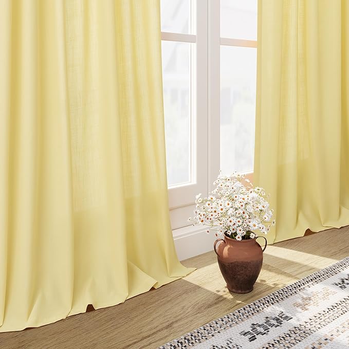 Yellow Linen Curtains 63 Inches Long for Bedroom Back Tab Light Filtering Privacy Sheer Curtains Modern Farmhouse Coastal Decor Yellow Cotton Textured Gauze Curtain for Bathroom 2 Panel Set 52x63