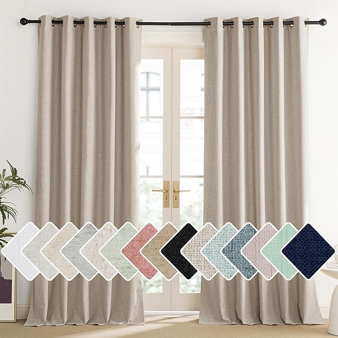 NICETOWN Oatmeal Vintage Open Linen Weave Flax Thermal Curtains, 100% Blackout Curtains 90" Long for Dining Room, Soundproof Window Treatment Drapes for Home Office, 62" Wide Per Panel, Set of 2