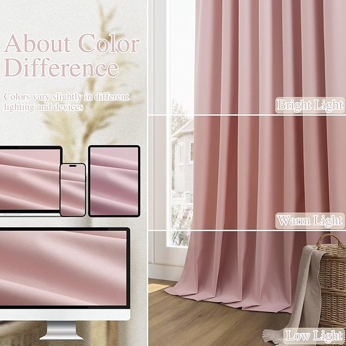 Guken Pink 100% Blackout Linen Curtains 120 Inch 2 Panels Set for Girl's Bedroom, Living Room, Nursery, Back Tab/Rod Pocket Thermal Insulated Black Out Drapes Farmhouse for Bedroom Window Curtains