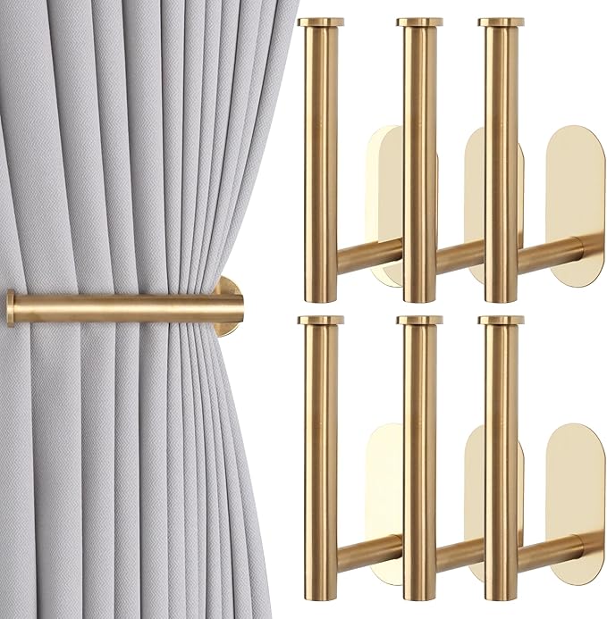 Groleca 6 Pack Adhesive Curtain Holdbacks Curtain Tie Backs Curtain Holdbacks No Drill Curtain Pull Backs Adhesive Curtain Hooks Curtain Holders for Drapes (6, Gold)