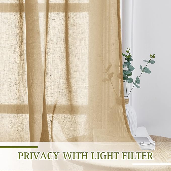 NICETOWN Linen Blend Flax Sheer Window Curtains, Ring Top Semi Sheer Drapes Privacy with Light Through Window Treatments for Bedroom/Kids Room, Camel, 52" Wide by 63" Long, 2 Pieces