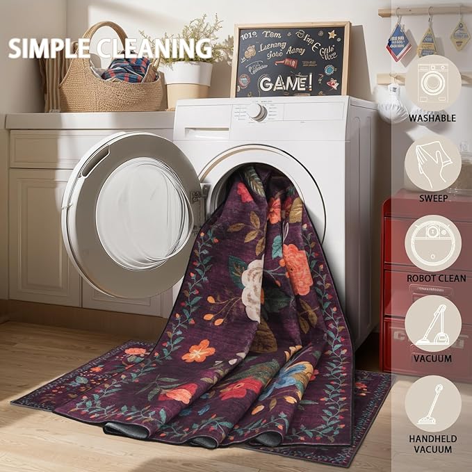 Area Rugs 10x14 Living Room, Non Slip Machine Washable Floral Rugs, Low Pile Lightweight Large Rug for Bedroom, Dining Room, Home Office(10 x 14, Purple)