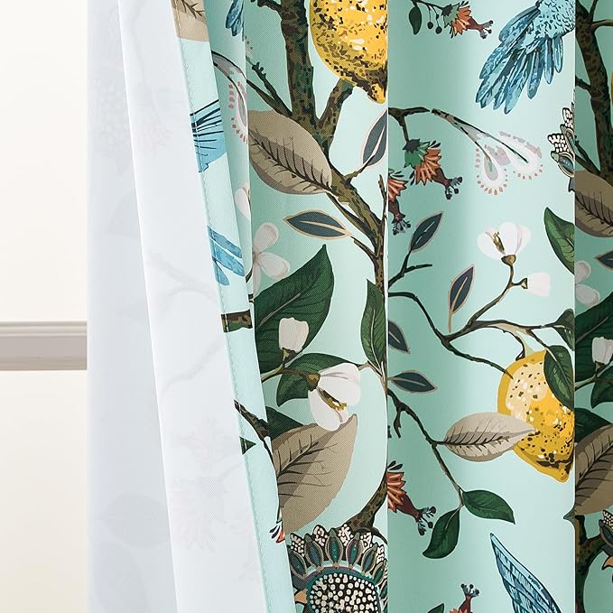 Topfinel 96 Inches Long Floral Curtains Unique Cottagecore Whimsical Vintage Pretty Fun Floral Hummingbird Patterned Double Sided Grommet Green Print Drapes Two Pages for Bedroom Living Room Dining