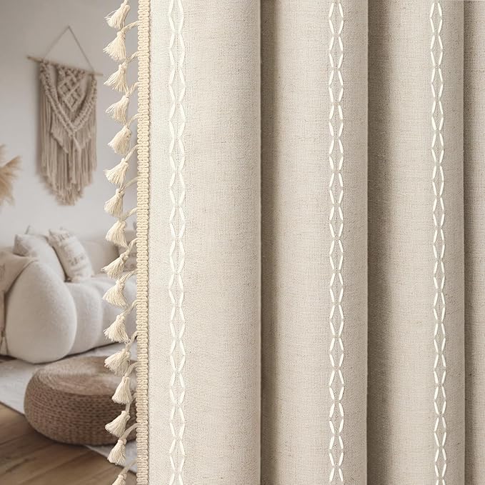 Boho Blackout Curtains 63 Inches Long Beige Linen Blend 2 Panels with Tassels and Cotton Embroidery, Farmhouse Vintage Rustic Rod Pocket Drapes for Living Room or Bedroom