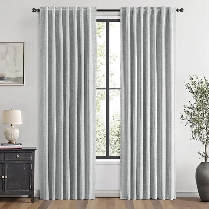 MIULEE 100% Blackout Linen Curtains for Bedroom, Grey Solid Luxury Decor Thermal Insulation Room Darkening Drapes for Living Room Nursery Back Tab Rod Pocket 42 x 63 Inches, 2 Panels
