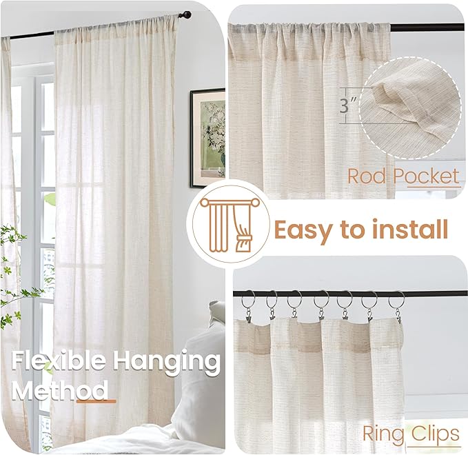 BGment Extra Long 108 Inch Length Curtains for Living Room Windows, Linen Oatmeal Drapes Rustic Country Textured for Farmhouse Bedroom Decor Lightweight Rod Pocket, 2 Panels Set, Each 52 Inch Wide