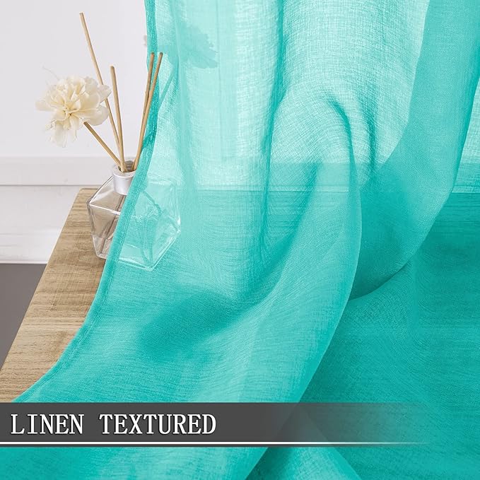 Tollpiz Short Sheer Curtain Linen Textured Bedroom Curtains Sheer Light Filtering Rod Pocket Voile Curtain for Living Room, 54 x 54 inches Long, Aqua Blue, Set of 2 Panels