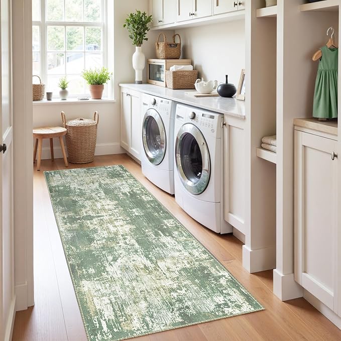 Washable Area Rugs 2'x10' Non-Slip Modern Abstract Soft for Living Room Entryway Bedroom Nursery, Print Pattern, Light Green/Yellow