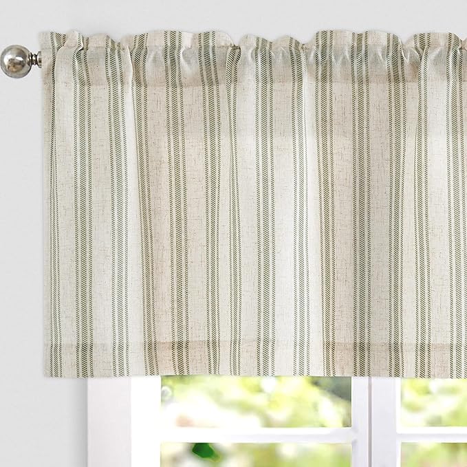 jinchan Striped Valance Farmhouse Window Treatment Linen- Polyester Textured Drapes for Small Windows Kitchen Living Room RV Vintage Light Filtering Valance 16 Inch Rod Pocket 1 Panel Green on Beige