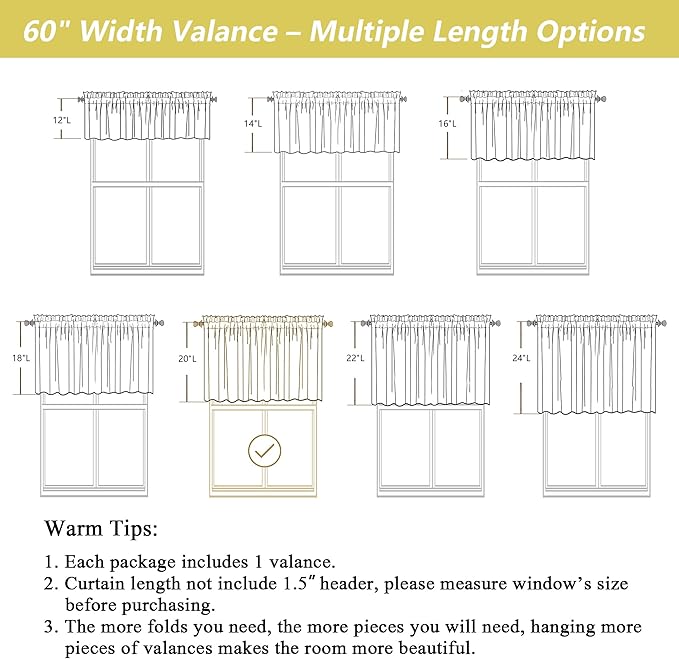 White Valances for Windows, Light Filtering Faux Linen Textured Small Short Valance Curtains for Bathroom Basement Farmhouse, Rod Pocket Top Half Curtains for Windows, 60Wx20L Inch