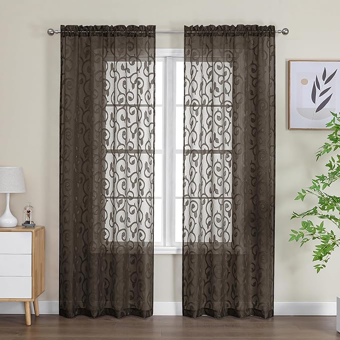 OWENIE Furman Chocolate Sheer Curtains 84 inches Long for Bedroom Living Room 2 Panels Set, Light Filtering Sheer Curtain with Elegant Clip Jacquard, Rod Pocket Window Treatments, 2 Pcs = 80" Width