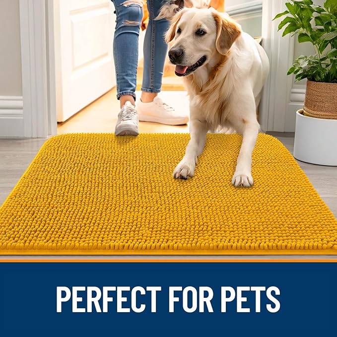 OLANLY Dog Door Mat for Muddy Paws 59x20, Absorbs Moisture and Dirt, Absorbent Non-Slip Washable Doormat, Quick Dry Chenille Mud Mat, Entry Indoor Entryway Carpet for Inside Floor, Golden Yellow