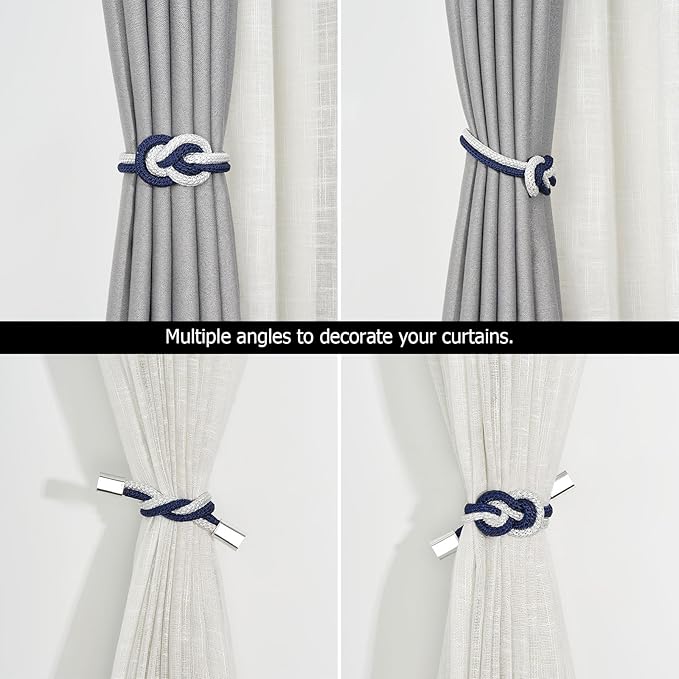 NICEEC 2 Pack Mini Magnetic Curtain Tiebacks Nordic Simple Style Drape Tie Backs Elegant Hand Weave Rope Knot Decorative Curtain Holdbacks for Home & Office Thin Window Drapery (Dark Blue & White)