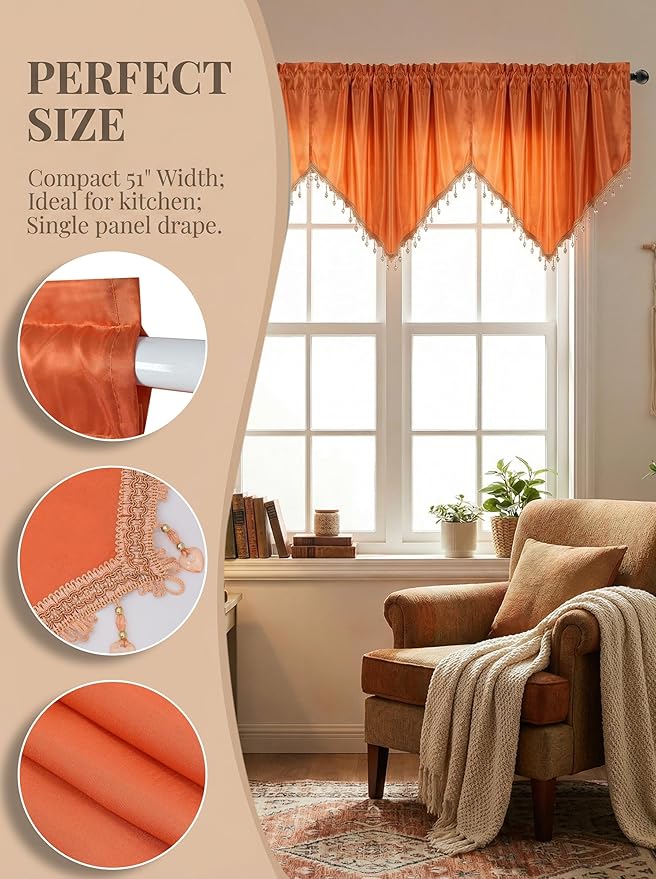 Molaxhome Swag Curtain 51 inch Length Rod Pocket Scalloped Curtain Valance Sheer Lace Panels with Hanging Crystal Beads for Kitchen Bedroom Window Treatments Drape Decor 1pc (Cloth Orange, 51Wx23L)