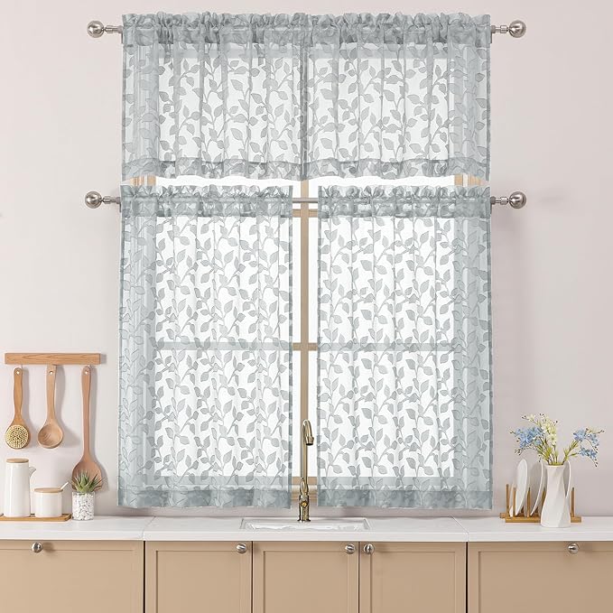 Chyhomenyc Light Grey Sheer Valances for Windows 18 Inch Length 2 Pcs, Light Filtering Leaf Textured Cafe Short Kitchen Curtains, Top Small Curtain for Living Room Bedroom Basement, 42" W x 18" L