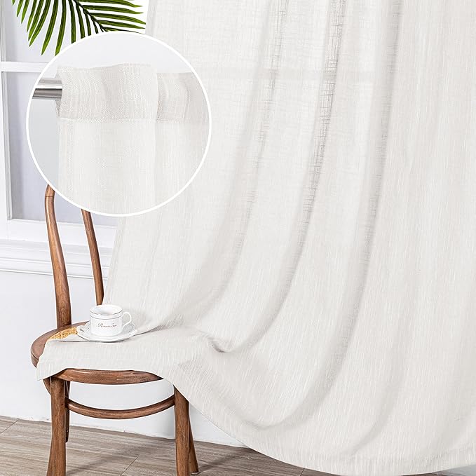 MYSKY HOME Short Curtains for Bedroom Small Windows, Light Filtering Sheer Drapes Boho Decor Country Style Kitchen Bathroom Panels Set, Light Filtering Privacy Blind, Beige White, 50x54, 2 Pieces