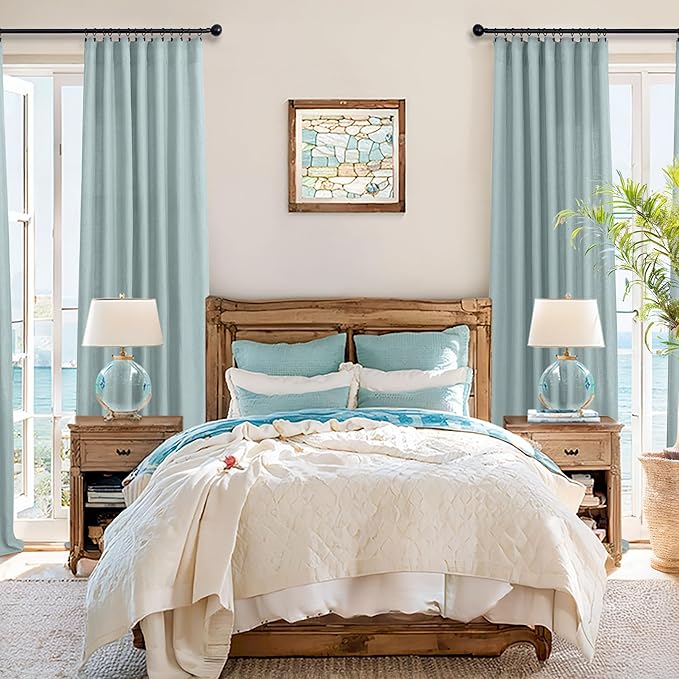 Seafoam Green Curtains 96 Inches Long for Living Room 2 Panels Back Tab Pocket Semi Sheer Linen Summer Ocean Mint Green Curtains for Bedroom Dining Spa Sea Mist Teal Grey Aqua Drapes Kids Decor 8 FT