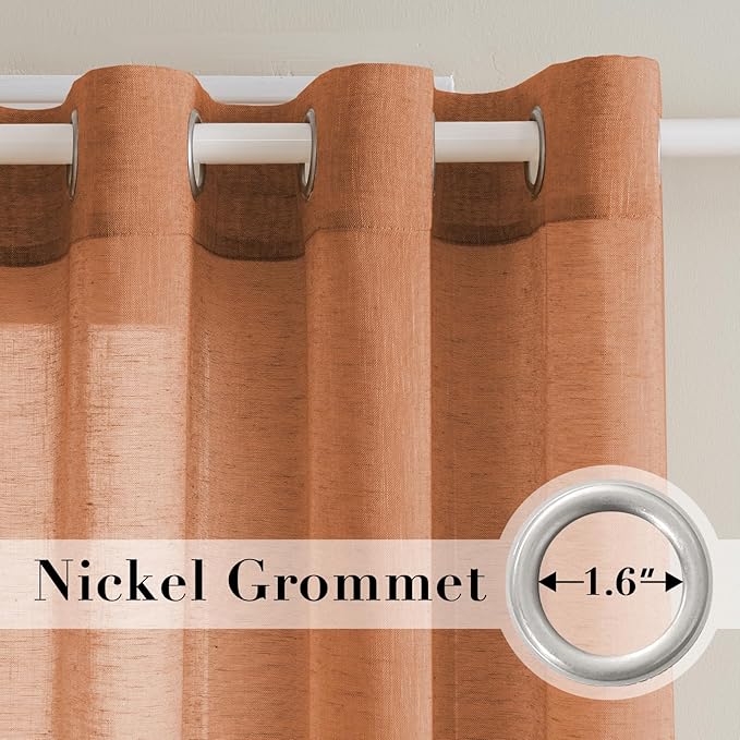 H.VERSAILTEX Linen Curtains Natural Linen Blended Curtain Panels for Living Room/Light Reducing Linen Semi Sheer Curtains 2 Panels Set Nickel Grommet Window Panels (52x72 Inch, Orange)