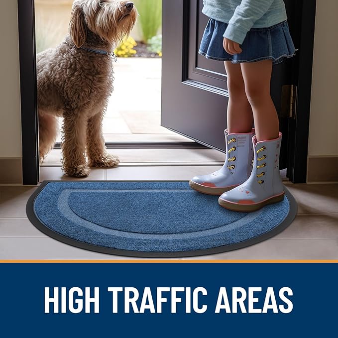 OLANLY Half Circle Door Mat Indoor Outdoor Entrance Welcome, Waterproof All-Season, All-Weather Doormat, Sturdy Natural Rubber, Low Profile, Easy Clean Patio Porch Entryway Mat, 47x23, Light Blue