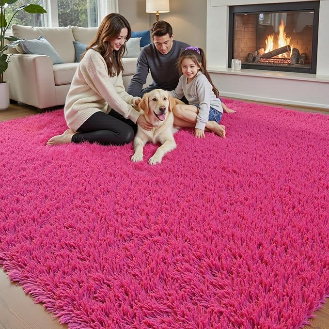 Area Rugs 9x12 Living Room, Shaggy Carpet Soft Plush Furry Bedside Rug Large Area Rugs for Bedroom Kids Girls Boys Home Decor Anti Slip(9 x 12, Hot Pink)