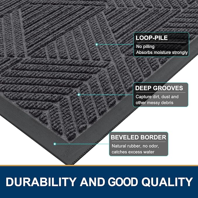 Smiry Front Door Mat Outside Entrance, Heavy Duty Sturdy Natural Rubber Doormat, Trap Dirt and Moisture, Easy Clean Low Profile Welcome Floor Mats for Indoor Outdoor Entry, 59x34 Inch, Medium Grey