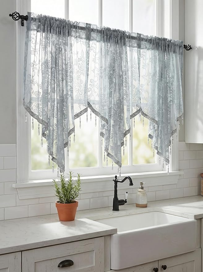 Molaxhome Swag Curtain 51 inch Length Rod Pocket Scalloped Curtain Valance Sheer Lace Panels with Hanging Crystal Beads for Kitchen Bedroom Window Treatments Drape Decor 1pc (Lace Grey, 51Wx23L)