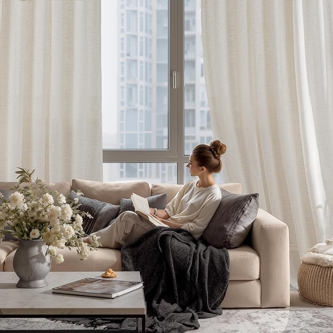 RYB HOME Ivory Sheer Curtains for Living Room, Linen Blend Filter Sunlight Glare Vertical Luxury for Bedroom Dining Office Window, Rod Pocket & Back Tab, W52 x L90, 2 Panels