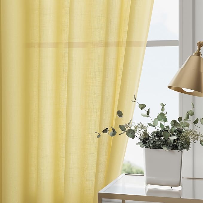 Nanspring Yellow Linen Semi Sheer Curtains 72 Inch Length for Living Room Back Tab Rod Pocket Modern Farmhouse Coastal Decor Cotton Textured Gauze Curtains 72 Inches Long for Dining Room Office 52x72