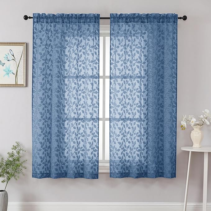 Chyhomenyc Dusty Blue Sheer Curtains 63 Inch Length 2 Panels Set, Light Filtering Tufted Textured Soft Airy Rod Pocket Beautiful Leaf Window Treatment Drapes for Bedroom Living Room, 42" Wx63 L, 2PCS