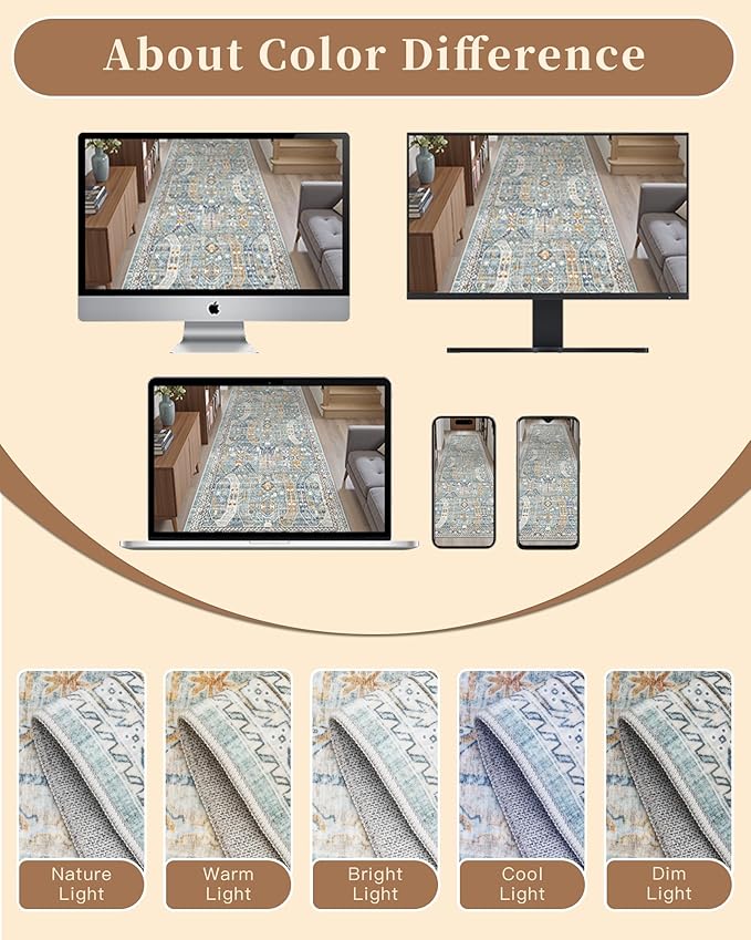 Madane Hallway Runner Rug 2x12, Extra Long Washable Runner Rugs with Rubber Backing, Non Slip Carpet Runner for Hallway, Vintage Rug Runners for Kitchen Laundry Room Entryway (Blue/Gold, 2'x12')