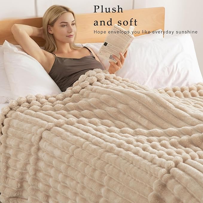 Exclusivo Mezcla Queen Size Flannel Fleece Blanket, Super Soft Striped Jacquard Bed Blanket, Lightweight Fuzzy Cozy for All Seasons, 90x90 Inches, Beige
