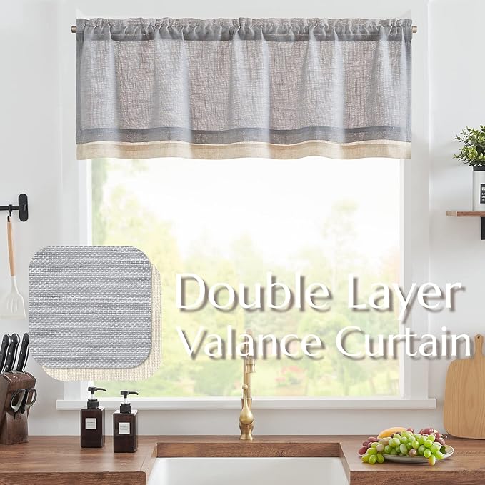 jinchan Linen Valance for Farmhouse Living Room Windows 16 Inch Gray Slubbed Crossed Double Layer Window Valance Light Filtering Rustic Country Overlay Rod Pocket 1 Panel Grey