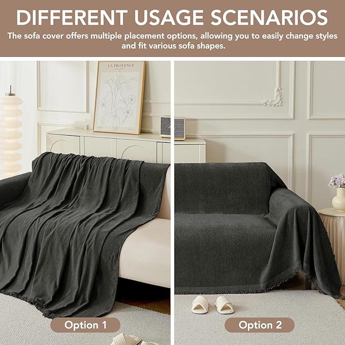 Couch Cover for Dogs, Boho Sofa Covers for 2 Cushion Couch, Chenille Sofa Slipcover for Pets Washable, L-Shape Sectional Couch Cover Soft Throw Blankets with Tassels(71x102,Charcoal Grey)