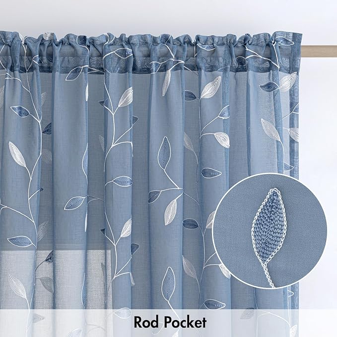 MIULEE Dusty Blue Sheer Curtains 2 Panels Embroidered Leaf Patterned Rod Pocket Floral Semi Sheer Faux Linen Window Curtains Drapes Set for Living Room Bedroom Dining Room, 52x63 Inches Long