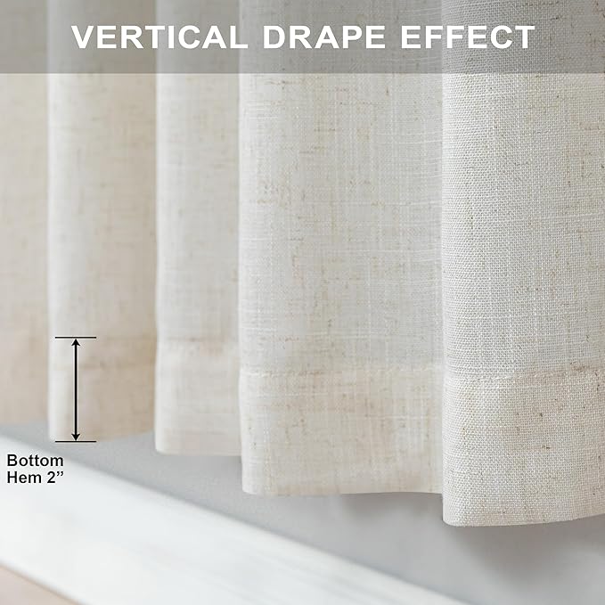 Natural Linen Curtains 54 Inch Length for Master Bedroom 2 Panels Set Back Tab Pocket Neutral Boho Light Reducing Lightweight Semi Sheer Cream Curtain for Kitchen Bathroom Boys Kids Room Sunroom 52x54