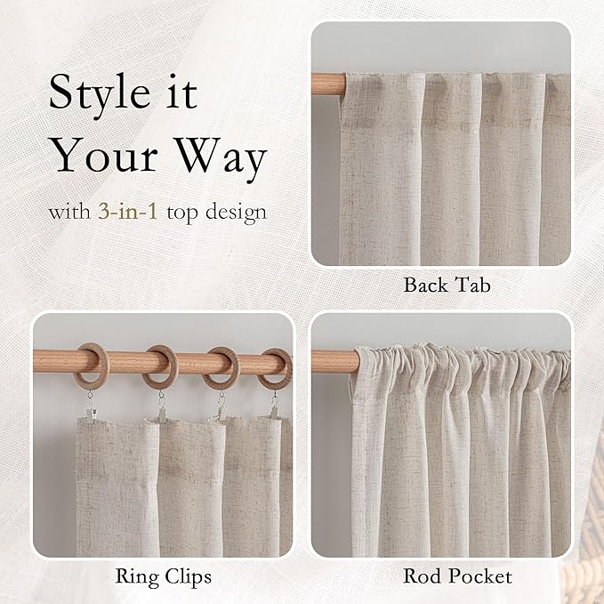 MYSKY HOME Natural Linen Living Room Curtains, Extra Long Semi Sheers Light Filtering Back Tab Privacy Drapes for Patio Pergola Gazebo Soft Nice Vertical Elegant Style, 50 x 120 Inch, 2 Panels