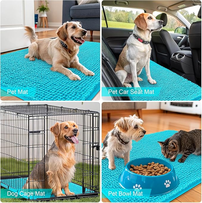 OLANLY Dog Door Mat for Muddy Paws 59x32, Absorbs Moisture and Dirt, Absorbent Non-Slip Washable Doormat, Quick Dry Chenille Mud Mat for Dogs, Entry Indoor Entryway Carpet for Inside Floor, Aqua Blue