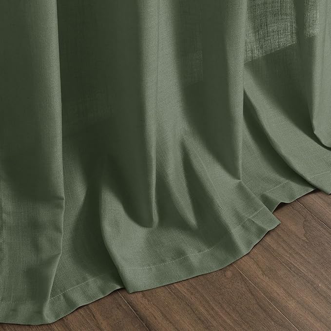 Nanspring Forest Green Linen Curtains 96 Inches Long for Living Room Light Filtering Semi Sheer Curtain Back Tab and Rod Pocket Wabi Sabi Boho Decor Drapes for Bedroom Office 52x96, 2 Panels