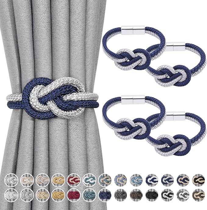 NICEEC 4 Pack Mini Magnetic Curtain Tiebacks Nordic Simple Style Drape Tie Backs Elegant Hand Weave Rope Knot Decorative Curtain Holdbacks for Home & Office Thin Window Drapery (Dark Blue & Grey)