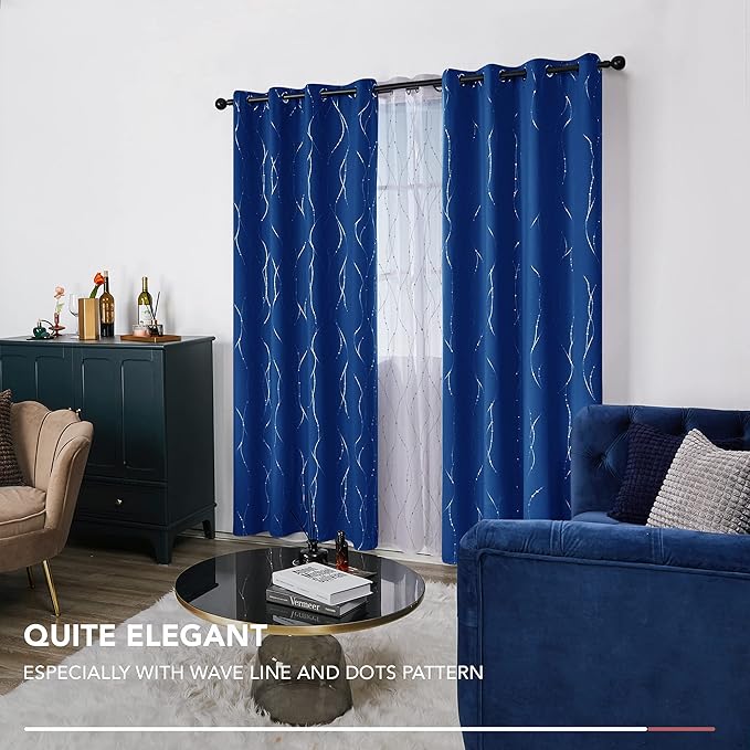 Deconovo Blackout Curtains, Thermal Insulated Noise‑Reducing Drapes, Wave Line Dot Foil Print, 52 x 84 Inch Long, 2 Panels, Machine‑Washable Window Curtains for Bedroom Living Room Kitchen Office