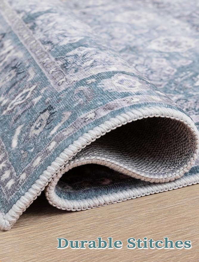 SERISSA Boho Washable Runner Rug, 2'6"x8' Non-Slip Vintage Floral Hallway Kitchen Runner Rug Ultra Soft Print Distressed Blue Grey Floor Carpet for Bedroom Bathroom Laundry Room