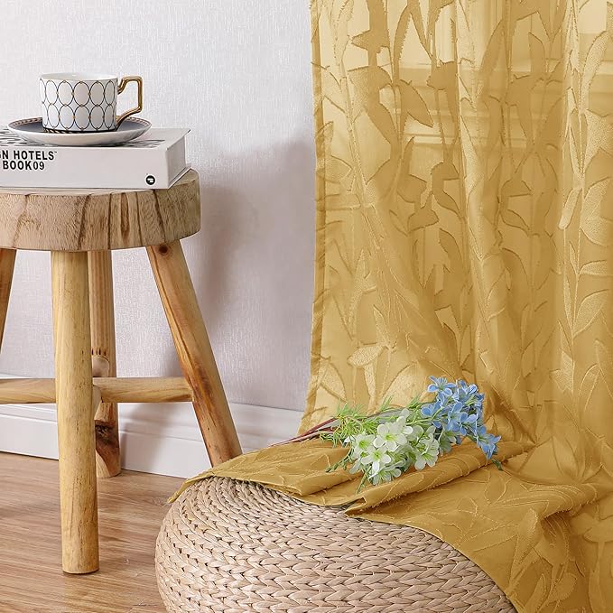 Lecloud Leia Dark Gold Sheer Curtains 54 Inch Length 2 Panels, Light Reducing Jacquard Textured Leaf Voile Bedroom Curtains, Gauzy Drapes with Dual Rod Pocket, 40 W x 54 L