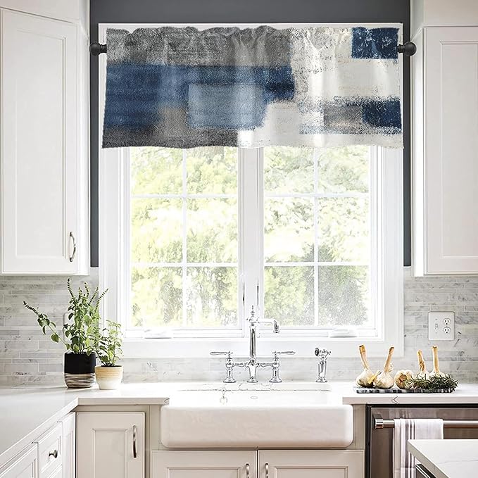 Emvency 4 Pack Valances Window Treatments, Blue and Grey Abstract Modern Art Blackout Adjustable for Living Room Bathroom Bedroom Kitchen Over Sink, 52x12 Inch Rod Pocket Valances