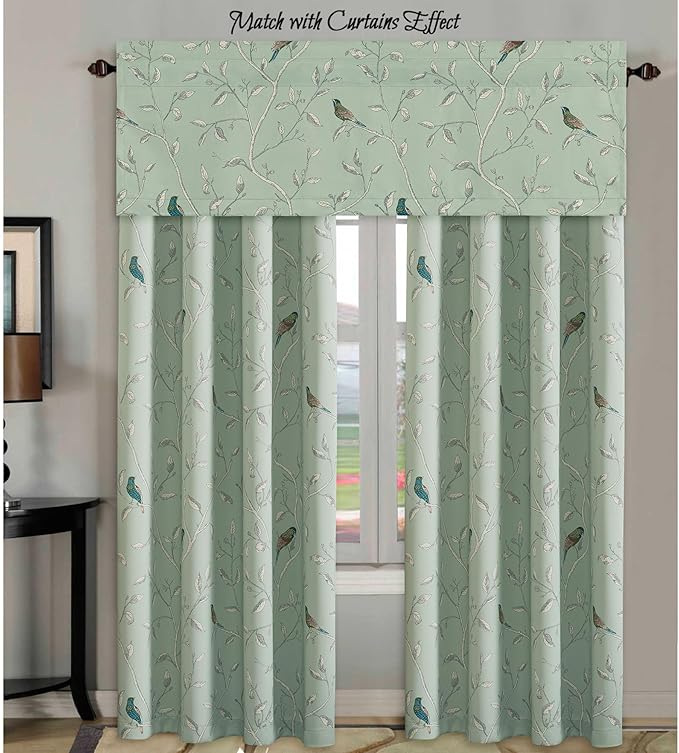 H.VERSAILTEX Blackout Curtain Valances for Kitchen Window/Living Room/Bathroom Privacy Added Rod Pocket Home Decoration Winow Valance, 52" W x 18" L, Birds in Sage (Pack of 4)