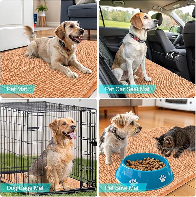 OLANLY Dog Door Mat for Muddy Paws 70x35, Absorbs Moisture and Dirt, Absorbent Non-Slip Washable Doormat, Quick Dry Chenille Mud Mat for Dogs, Entry Indoor Entryway Carpet for Inside Floor, Orange