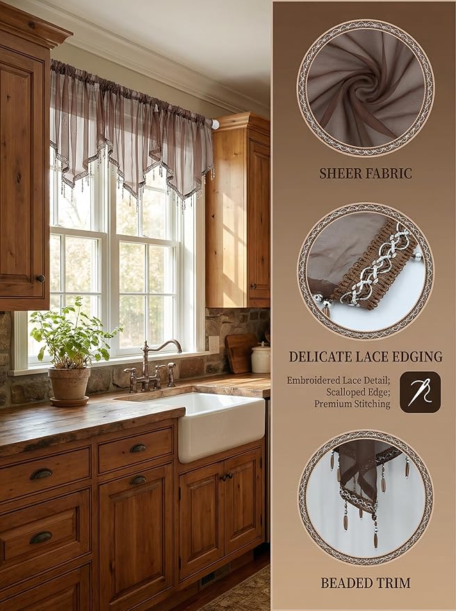 Molaxhome Swag Curtain 51 inch Length Rod Pocket Scalloped Curtain Valance Sheer Lace Panels with Hanging Crystal Beads for Kitchen Bedroom Window Treatments Drape Decor 1pc (Coffee, 51Wx23L)