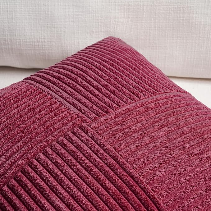Fancy Homi 2 Packs Burgundy Lumbar Decorative Throw Pillow Covers 16x28 Inch for Living Room Couch Bed, Farmhouse Boho Home Decor, Soft Striped Corduroy Rectangle Accent Cushion Case 40x70 cm