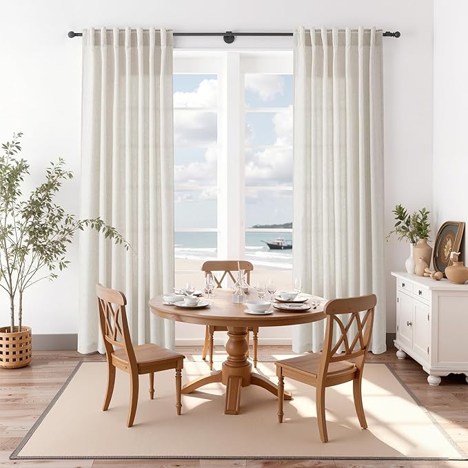 Nanspring Pearl White Linen Curtains 63 Inch Length for Living Room Luxury Light Filtering Semi Sheer Curtain Back Tab Coastal Decor Neutral Elegant Gray Drapes for Bedroom Office 52x63, 2 Panels